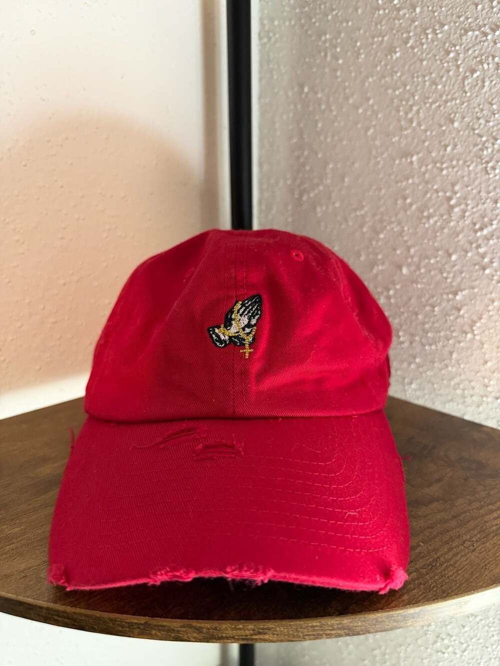 KBETHOS Red Distressed Praying Hands Rosary Dad Hat